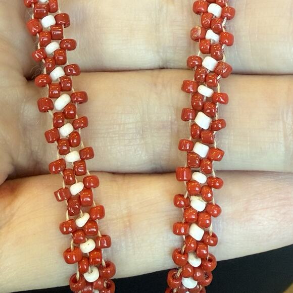 Vintage Mexican Pendant Necklace Red White Folk Art Beadwork Ethnic Jewelry 24" - Picture 8 of 9